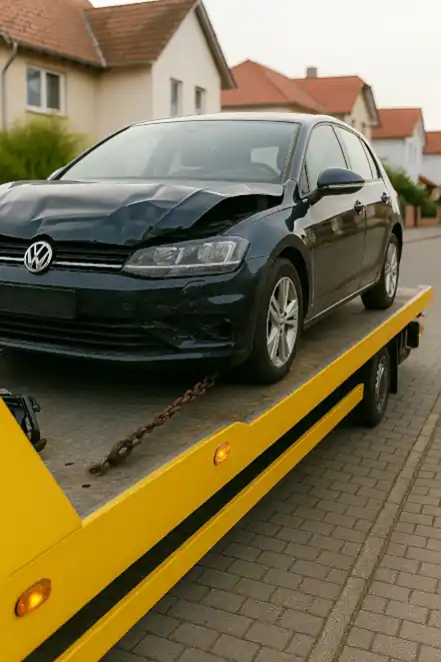 Ein defektes Auto wird zur Werkstatt abgeschleppt, um den Autoankauf in Schwetzingen abzuschließen.