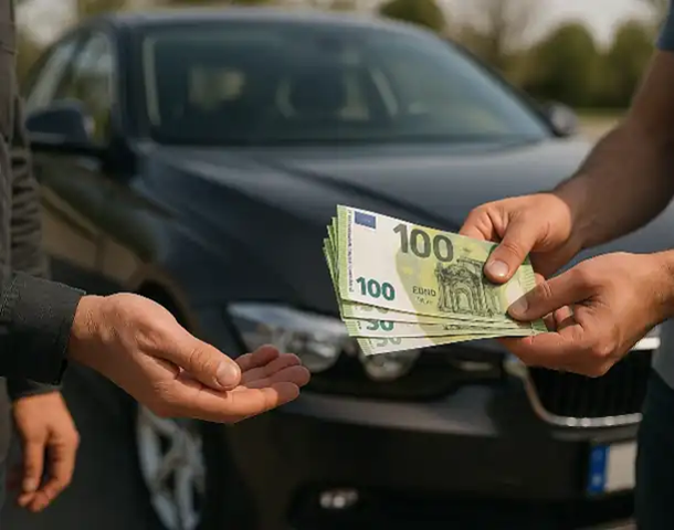 Ein glücklicher Verkäufer erhält Bargeld beim Autoankauf in Schwetzingen.